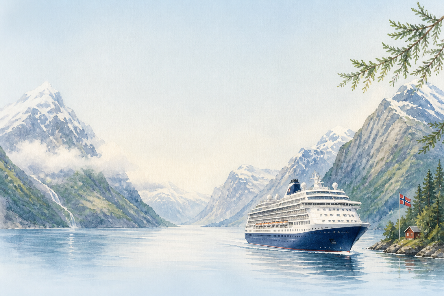 A cruise ship sailing through a Norwegian fjord